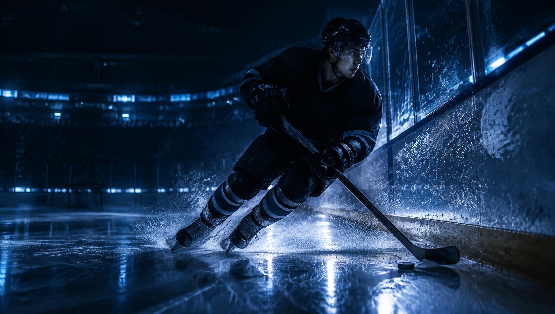 Joueur de hockey en sprint près de la bande, éclairage bleu